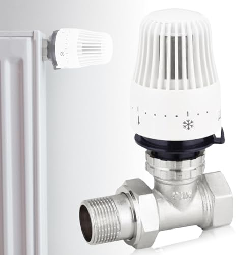 Thermostatventil Thermostatkopf, 1/2 Heizkörper Ventil Durchgang, Heizkörperthermostat Thermostat-Komplett-Set Durchgangsform Weiß, Gewindeanschluss Heizungsregler Thermostatsatz Skalenhaube