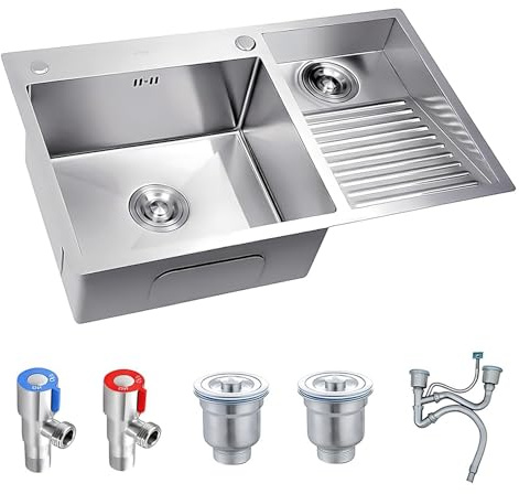 AIVANOTO SUS-Waschbecken, Großes Waschbecken Mit Integriertem Scheuerbrett, Doppelbecken-Waschbecken, Mit Abfluss-Sets, Für Waschküche, Balkon, Keller(Silver-B,70x48x22cm)