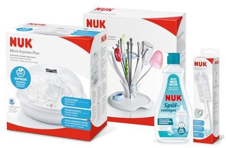 NUK Reinigungsset zur gründlichen Reinigung von Babyflaschen, Saugern & mehr | Micro Express Plus Mikrowellen Sterilisator & Spülreiniger 500 ml & 2in1 Flaschenbürste & MultiDry Trockenständer