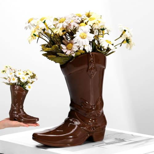 CroBlissful Cowgirl-Stiefel-Vase für Bücherregal, Keramik, Cowboy-Dekoration, Arrangements, schöne westliche Landakzent-Vase, einzigartiger Stiefel-Pflanzgefäß für moderne ästhetische Zimmer