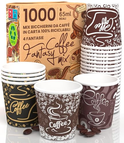 1000 Bicchierini in Carta per caffè 65ml Coffee Fantasy Bicchieri Riciclabili Piccoli Monouso Asporto Bevande Calde