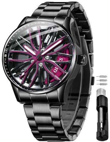 OLEVS Herrenuhren Skelettuhr Quarz Rennwagenrad Edelstahl Casual Sports Wasserdicht Leuchtend Herrenarmbanduhren