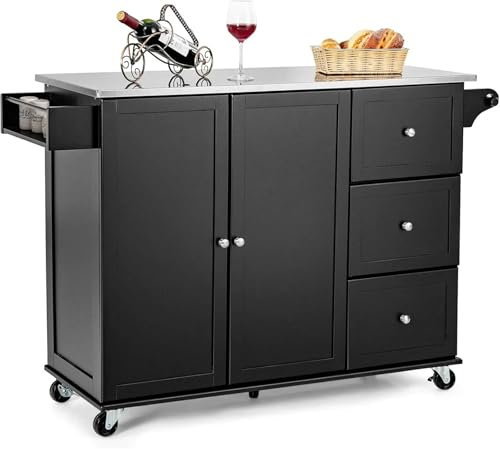 MNEVZX küchenregal Kücheninsel mit Edelstahl-Arbeitsplatte, Küchenwagen-Rollwagen mit Handtuchhalter und Gewürzregal Servicewagen(Black)