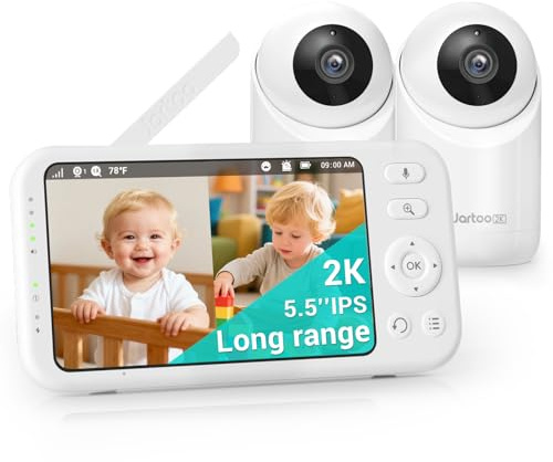 Jartoo 2K 5,5 Zoll FHD Video Babyphone mit 2 Kameras und Audio, 566m Reichweite PTZ Babyphone ohne WLAN, ECO, VOX, Infrarot-Nachtsicht, 2-Wege-Audio, AI Weinen-Erkennung, 6000mAh