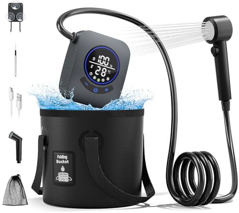 Mytrix Campingdusche Tragbare, 8000mAh Camping Dusche Pumpe mit Temperaturanzeige, 5-Gallonen Klappbarer Eimer