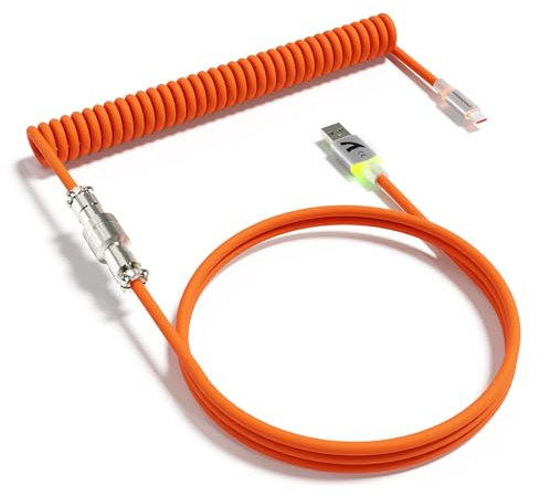 ATTACK SHARK C01Ultra Cable Teclado Espiral con Iluminación RGB, Cable Aviator USB C Coiled para Teclado Mecánico 8KHz, Tipo C a USB A, Conector de Aviación de Metal Desmontable, 56.5In - Naranja