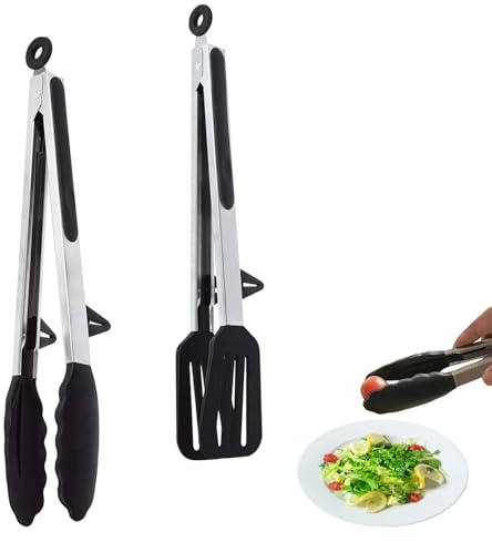 2 Pcs Kitchen Silicone Tongs 9 Inch Stainless Steel Non-Slip Handle with Resting Gadget Locking BBQ & Serving Tongs for Air Fryer, Baking, Frying, Serving