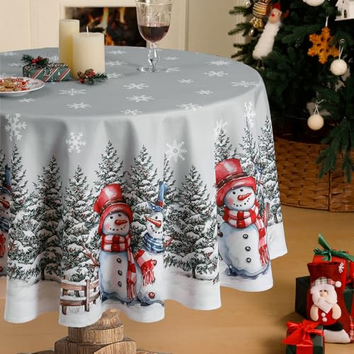 rund Tischdecke Weihnachten 160 cm abwaschbar Grau mit weißem Schneemann | Wasserabweisend, Weihnachtstischdecke mit rotem Truck, Schneebäumen und Flocken Deko modern Tische für Silvester, Christmas