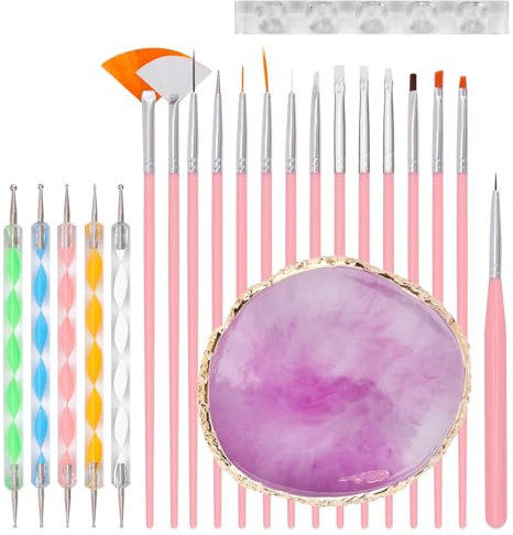 lasuroa 20pcs Nail Brushes Set, Silicone Gel Fingernail Brush Kit Double Ended Dotting Tool with Resin Nail Polish Pallet Mixing Palette and Pen Holder for Manicure Art Tray Design Painting