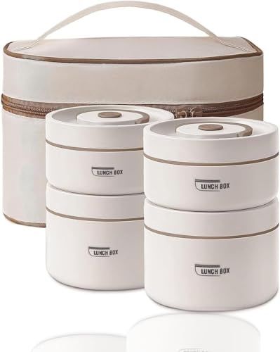 HIKENRI 4 Stück Thermo Lunchbox Edelstahl Mit Tasche,Thermobehälter Für Essen,Auslaufsicher Essen Warmhalten Behälter für Zuhause,Büro,Picknick(Beige-2 * 440ml&2 * 600ml)