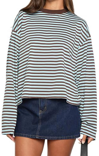 Springcmy Women Y2k Striped Long Sleeve Shirt Drop Shoulder Crewneck Sweatshirt Fall Winter Fairy Grunge Preppy Pullover Tops Streetwear