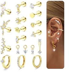 15Stück Helix Piercings Chirurgenstahl Ohrringe Gold Piercing Ohr Medizinische Ohrstecker - Hypoallergen Pircingssets Ohr Ohrringe Creolen Gold Wasserfest Conch Helix Tragus Piercing Set Golden