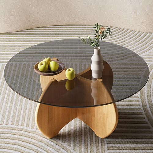 LIGUIEN Mesa de Centro para Salón, Mesa de Centro Redonda Cristal, Patas de Madera Maciza, Estilo Minimalista para El Hogar, Sala de Estar, Dormitorio-Fácil de Montar(Natural,70x35cm/28x14in)