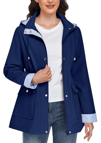 heekpek Veste Imperméable Femme Longue Coupe Vent Rayé Parka de Pluie avec Capuche Léger Manteau Mi Saison Vêtements Printemps Automne Vestes Zippé Chic Blousons d'Extérieur(Bleu marine, XXL)