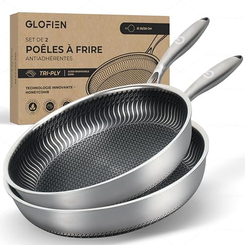 Glofien Set 2 Poeles Acier Inoxydable 26/28 cm – Poele Inox 18/10, Structure Tri-Ply avec surface nid d'abeille- Poele Anti Adhesive sans PFAS, Tous Feux dont Induction.