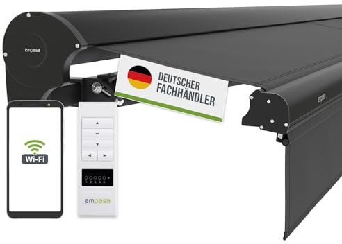 empasa elektrische Kassettenmarkise Expert Plus Markise mit WiFi-Motor | Smart Home kompatibel, Terrassenüberdachung mit Volant, komplett vormontiert, Farbe:anthrazit, Größe:3 x 2.5 m