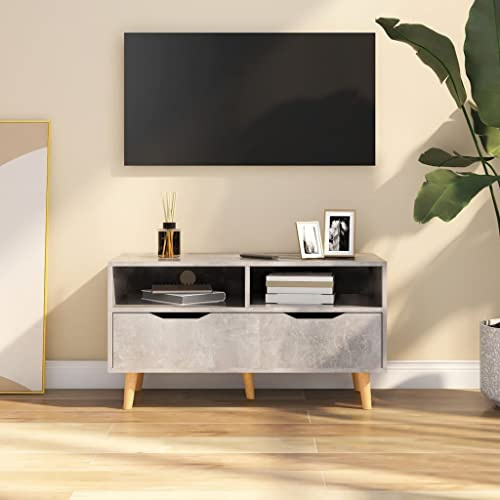 Mhdvray Meuble TV bas gris béton 90 x 40 x 48,5 cm Matériau du bois avec design moderne, grande stabilité, beaucoup d'espace de rangement et fixation murale, idéal pour le salon, la chambre à coucher