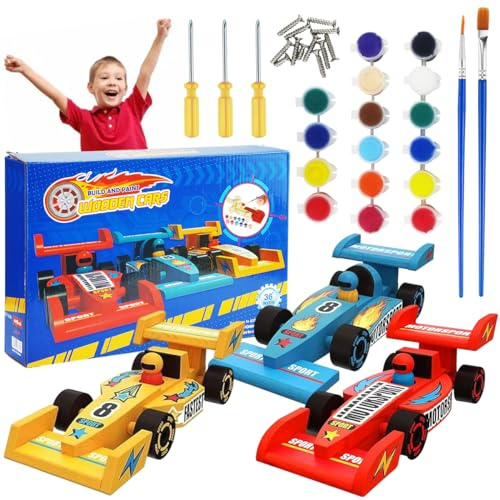3 Stück Rennauto Bausatz Holz, Holz Bastelset Kinder Auto DIY zum Bemalen, Kinder Autos Bastelset Bauen & Malen, Kreativ Basteln Spielzeug Handwerk Geschenk für Jungen Mädchen ab 5 6 7 8 9 10 Jahre