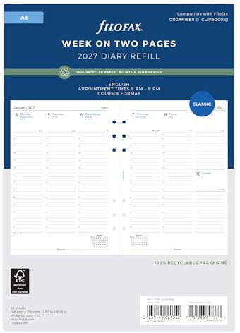 Filofax A5 Wochenplaner 27-68521R, Spaltenformat, englisches Recyclingpapier, 2027