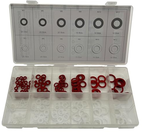 Alkan Fiber PE Dichtungssortiment 200-tlg Sanitär Dichtungs-Set | Fiber- und PE-Dichtungen in 6 Größen, Sanitär-Dichtungsset für Wasserhähne, Rohre, Haushalt, Garten & Werkstatt