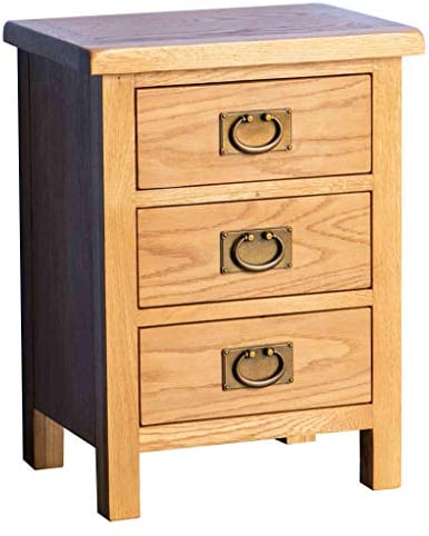 Surrey Oak Bedside Table Storage Cabinet | Roseland Furniture Traditional Rustic Waxed Solid Wood Side End Night Stand with 3 Drawers for Bedroom, Bathroom and Hallway | Fully Assembled