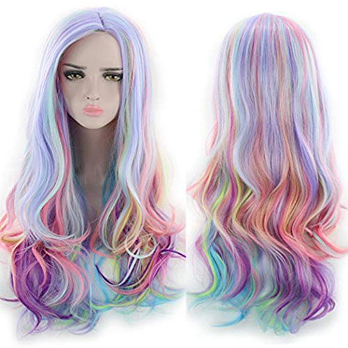 TANTAKO Frauen Damen Lange Gewellte Mehrfarbig Regenbogen Cosplay Perücke Holloween Karneval Kostüm Perücke (20 mehrfarbig)