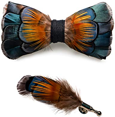JEMYGINS Handgemacht Feder Fliege Mit Geschenkbox Set für Herren, Peacock Blau/Orange, M