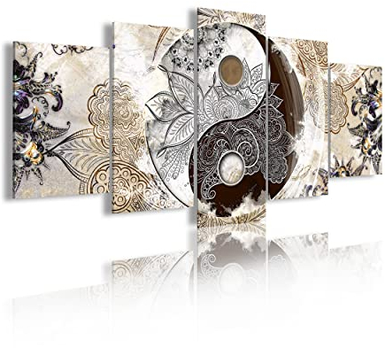 DekoArte 473 - Modernes Bild, digitalisierter Kunstdruck | Dekoratives Bild für den Salon oder das Schlafzimer | Stil Yin Yang Abstrakt Zen Farben Beige Braun | 5 Teile 200 x 100 cm XXL