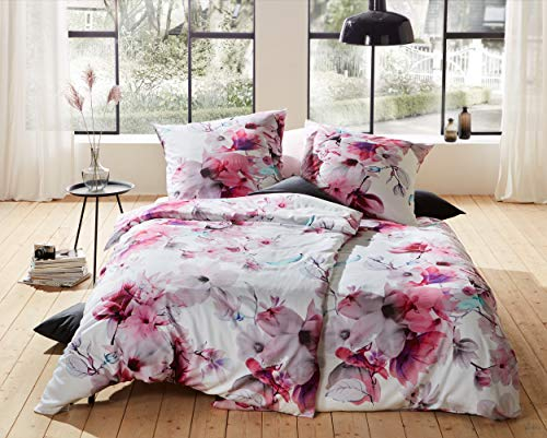 Bettwaesche-mit-Stil Mako Satin Blumen Bettwäsche Magnolie rosa türkis - Kissenbezug 40x80 cm - 100% Baumwolle