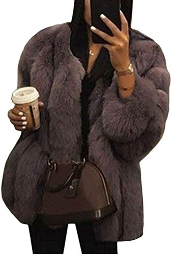 Onsoyours Kaffee Faux Fake V-Ausschnitt Langarm Dicker Oversize Winter Kunstfell Pelzmantel Felljacke Damen XL