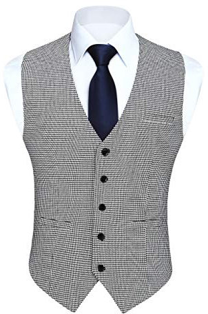 HISDERN Chalecos Hombre Vestir de Pata de Gallo Chaleco Traje Hombre de Algodón Formal Elegantes de Fiesta Boda Con Bolsillos Blanco & Negro L