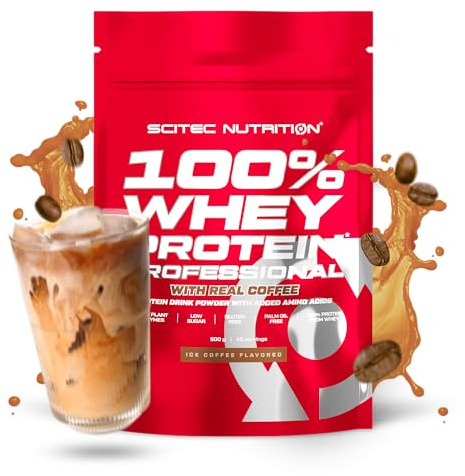 Scitec Nutrition 100% Whey Protein Professional - Molkenprotein-Komplex | Aus Konzentrat und Isolat - mit Verdauungsenzymen und zusätzlichen Aminosäuren - 500 g, Eis Kaffee