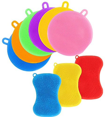 EVSOFMLF Silikonschwamm 9 Stück Schwämme für Geschirr Silikon Schrubber Geschirrbürste Küche Reinigungsschwämme Silikon Spülmaschinenfest Pinselpad Doppelseitig für Küche (9 Pack-New)