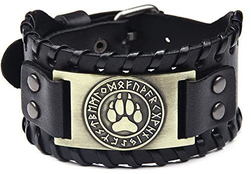 Mayting Lederarmband, schwarz, braun, Punk, Wikinger, Wolf, Bär, Pfote, nordische Runen, Armreif, breite Herren-Manschette, Leder, verstellbares Armband, Leder Kunstleder (PVC) Leder