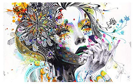 Impressions sur Toile Modernes Coloré Mosaïque Peinture Anime Femmes Art Fille Visage avec des Fleurs Mur Art Photos pour Salon 70x140cm(28x55in) sans Cadre