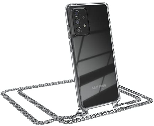EAZY CASE Handykette kompatibel mit Galaxy A52 Handyhülle mit Metall Umhängeband und Ersatz Kordel schwarz, Handykordel mit Schutzhülle, Stylische Kette, Metall - Silber