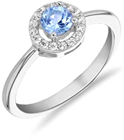 Tuscany Silver Women's Sterling Silver Rhodium Plated Blautopas and CZ 7.5mm Halo Tapered-Shoulder Ring #58