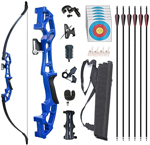 Monleap Archery Recurve Bogen und Pfeile Set für Erwachsene Metall Riser 62 Longbow Kit Rechtshänder gerader Bogen für Anfänger Outdoor Jagd Schießübungen (blau 30lb)