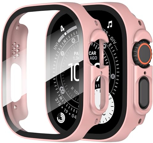Diruite 2 Piezas Funda para Apple Watch Ultra 3/2/1 49mm Protector Pantalla | Case Duro para PC con Cristal Templado 9H HD,Protección Completa,Resistentes Arañazos,Alta Sensibilidad,Oro Rosa,49mm