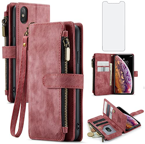 Asuwish Handyhülle für iPhone XS/X Hülle mit Folie Schutzfolie Kartenfach Klappbar Leder Geldbörse Ständer iPhone10Hülle i 10 10s 10x 10xs Handy Hüllen Schutzhülle Reißverschluss Cover Phone Case Rot
