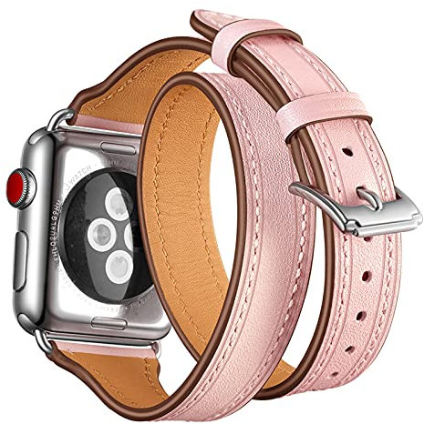 Double Tour Bracelet Compatible avec Apple Watch Bracelet 49mm 45mm 44mm 42mm 41mm 40mm 38mm, Véritable Cuir de Remplacement Bracelet pour iWatch Ultra SE2 SE Series 8 7 6 5,Pink,42/44/45/49mm
