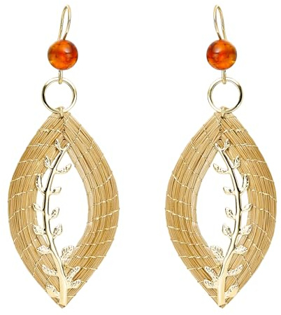 VERA NAVARRO - Orecchini Foglia Aperta 5 cm in Oro Vegetale con Ambra - 100% Naturale Fatto a Mano - Bigiotteria Artigianale