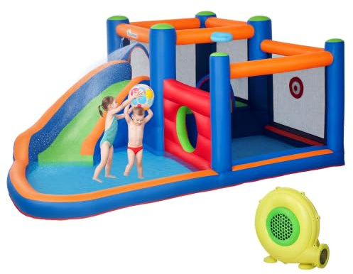 Outsunny Castello Gonfiabile per Bambini 3-8 Anni con Scivolo, 380x340x170cm
