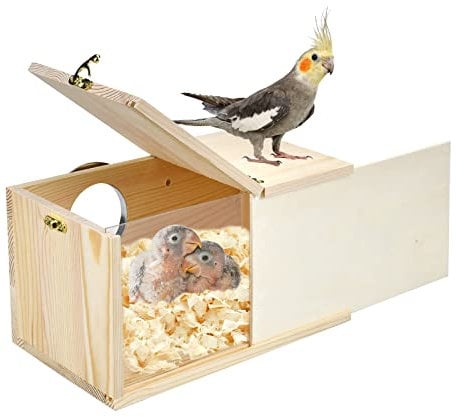 CooShou Sittich-Nistkasten Nymphensittiche Nymphensittiche Nistkasten Natur Kiefer Vogelnest Vogelbrutkasten Haus Acryl Transparent Vogelbox mit abnehmbarem Holzbrett für Lovebirds Nymphensittiche