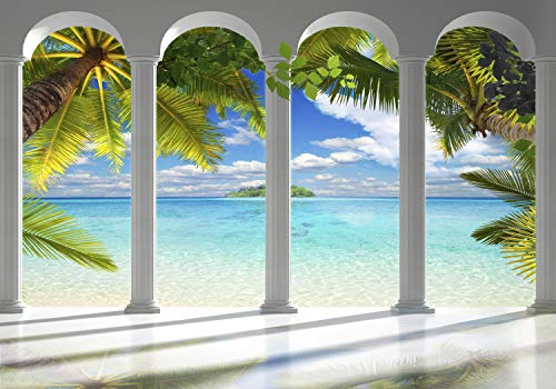 decomonkey Premium Fototapete Meer Insel 300x210 cm XL Tapete Fototapeten Vlies Tapeten Vliestapete Wandtapete moderne Wandbild Wand Schlafzimmer Wohnzimmer Architektur Palmen Tropisch