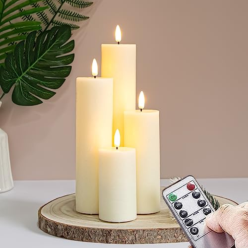 Vtobay Flammenlose LED-Kerzen mit Fernsteuerung und Timerfunktion, Elfenbein Packung mit 4 flackernden batteriebetriebenen (Stromversorgung durch 2AA) Echtwachskerzen (5,5cm x 10cm 15cm 20cm 25cm)