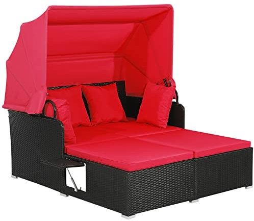 COSTWAY Garden Rattan Daybed, Patio 2 Seater Wicker Sun Bed Lounger with Retractable Canopy, Folding Side Tables and Cushions, Outdoor Double Conversation Furniture for Yard Lawn Poolside (Red)