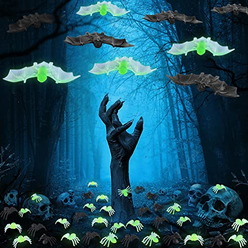 Jusduit Halloween Deko Set 50 Stück Halloween Spinne 10 Fledermäuse Halloween Dekoration Leuchtendes Spinnen Fledermäuse Set Requisiten Grusel Deko für Halloween Party Deko Karneval Haus Tisch Garten