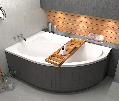 ECOLAM® Badewanne Wanne Eckwanne Eckbadewanne Acryl weiß Wela 170x100 cm LINKS + universelle Styroporverkleidung befliesbar + Bambus Ablage Ablaufgarnitur Ab- und Überlauf Automatik Füße Silikon Set
