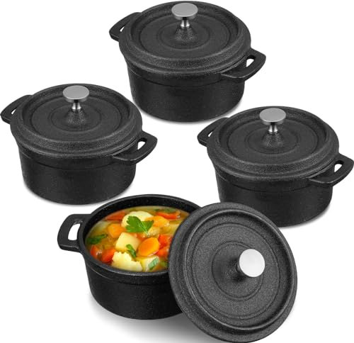 Suttmin Horno holandés de hierro de 8 onzas, 4 unidades, redondo, mini cocotte, negro, olla holandesa con tapa y asas dobles, olla pequeña de hierro fundido para uso en estufa, marinar, cocinar,